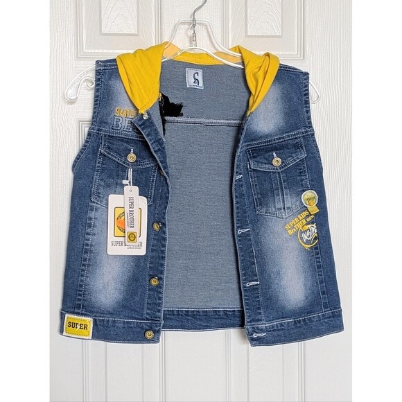 Super Brother Other - NWT Kids (Size 12Y) Distressed Denim Vest w/Yellow Jersey Hood & Patch Details